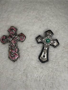 Ornate Cross Pendant For Necklace - Pink and Green Accents